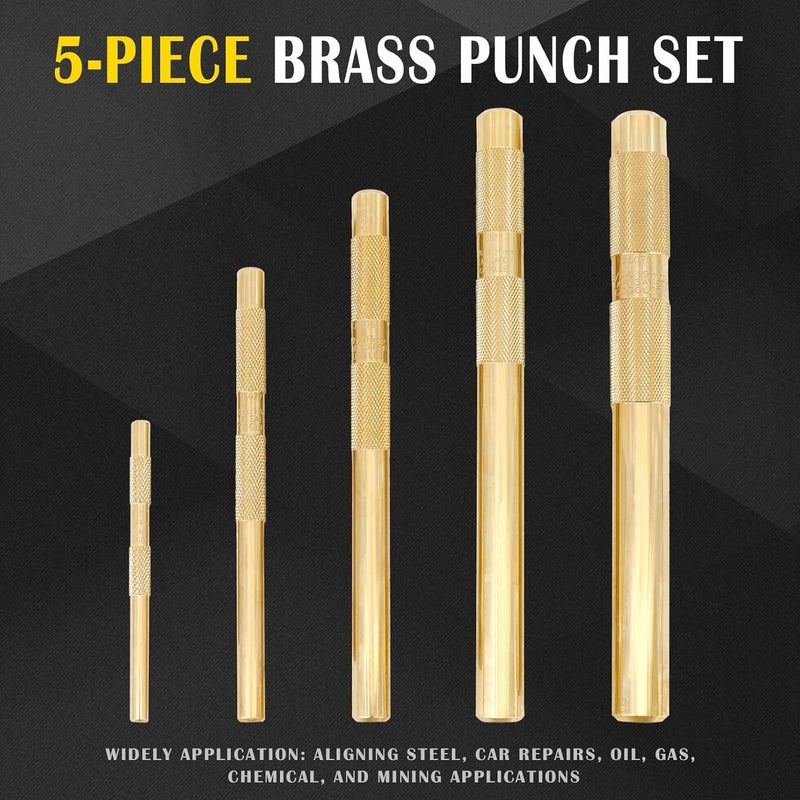 Tektall 5 Brass Drift Punch Set, Hand Tool Punches Tools for Home use 1/4-Inch 3/8-Inch 1/2-Inch 5/8-Inch 3/4-Inch 1/4'' 3/8'' 1/2'' 5/8'' 3/4'' 5 Pc. Replace 67003-MAI 045256670034 - Image 2
